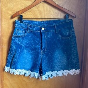 High-Waisted Blue Jean Shorts with Lace Trim